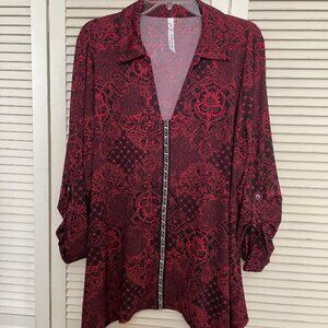 NY Collection Blouse Women 2X Long-3/4 Sleeves Collar Rhinestones Studded